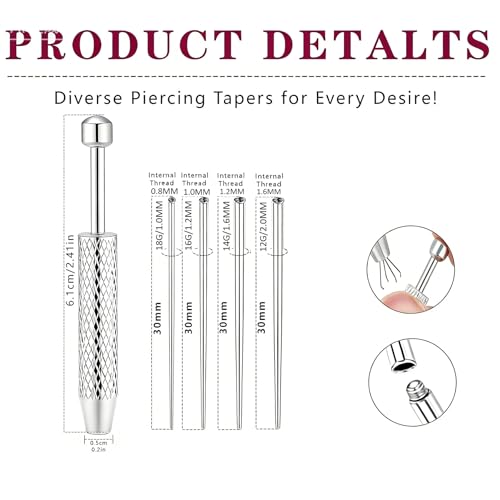 Piercing Tapered Ball Grabbing Tool for Jewelry Replacement - 14G 16G 18G 20G Stainless Steel Flat Back Earring Applicator Tool Threaded, Internal Threaded, External Threaded Body Piercing Insertion Needle Kit for Ear/Nose/Navel/Nipple/Lip/Eyebrow/Tongue