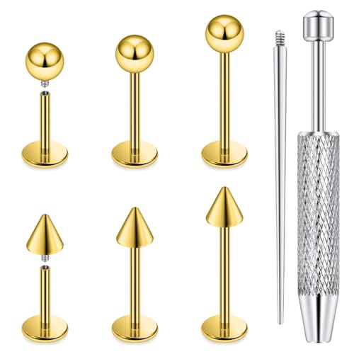 Internally Threaded Labret Studs 18G 16G 14G Surgical Steel Lip Piercing Jewelry with Claw Tool Monroe Snake Bite Jewelry Flat Back Barbell for Women Men Plus Piercing Ball Grabber Tool - color: goldtone, size: 16g,ball+spike end