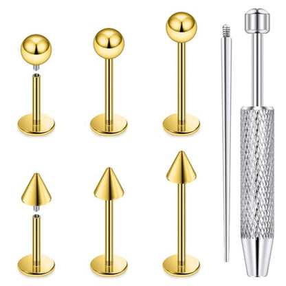 Internally Threaded Labret Studs 18G 16G 14G Surgical Steel Lip Piercing Jewelry with Claw Tool Monroe Snake Bite Jewelry Flat Back Barbell for Women Men Plus Piercing Ball Grabber Tool - color: goldtone, size: 16g,ball+spike end