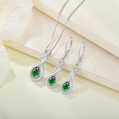 Women 925 Sterling Silver Twist Infinity Teardrop Necklace Earrings 5A Cubic Zirconia Green May Birthstone Emerald Color Jewelry Set