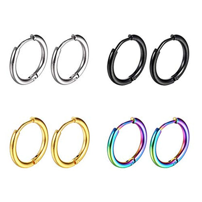 Surgical Stainless Steel Hoop Earrings 8mm/10mm/12mm Small Huggie Hoop Earrings for Women and Men - color: C: Diameter 12mm (4 Color),4 Pairs