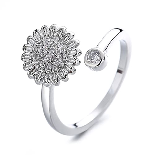 COLORFUL BLING Fidget Sunflower Evil Eye Daisy Spinner Stackable Rings Bee Butterfly Adjustable Open Rotatable CZ Cubic Zirconia Anti Stress for Women Wedding Jewelry - style: CZ Daisy