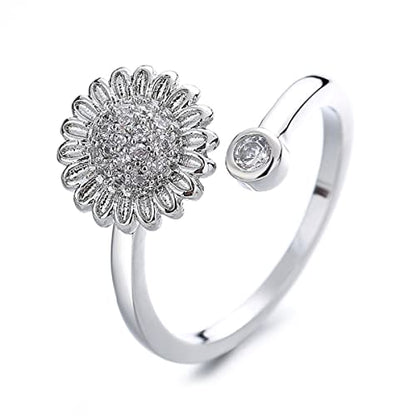 COLORFUL BLING Fidget Sunflower Evil Eye Daisy Spinner Stackable Rings Bee Butterfly Adjustable Open Rotatable CZ Cubic Zirconia Anti Stress for Women Wedding Jewelry - style: CZ Daisy