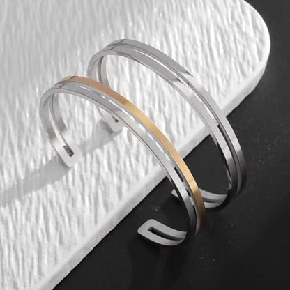 Simple polished titanium steel open bracelet, stainless steel C-shaped bracelet, adjustable double line bracelet, suitable for daily wear or gift giving, suitable for both men and women - color: silver gold