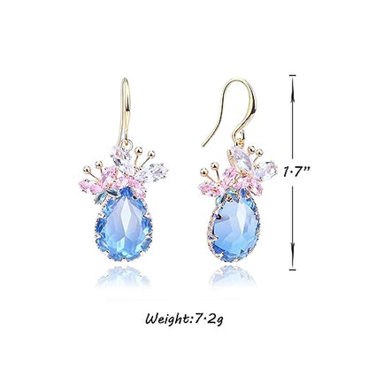 Crystal Teardrop Earrings CZ Butterfly Earrings Gold Dangle Earrings Jewelry Gift for Women - color: Blue