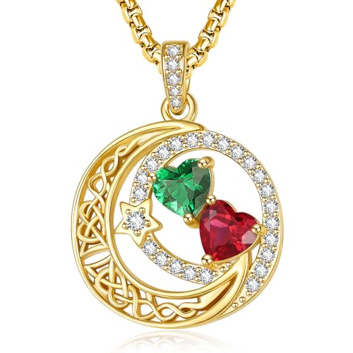 14K Gold Moon and Star Double Birthstone Necklace Gifts for Women | 2 Heart Birthstone Necklace,Mothers Day Wedding Anniversary Birthday Gifts for Wife Mom Daughter Grandma Sister - color: 05-07-May-Jul Birthstone