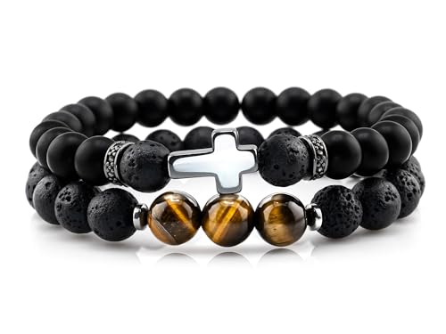 Flybar Men's 4 Piece Beaded Bracelet Set, Natural Lava Stone Black Onyx Matte Agate Tiger Eye, Stretchable Elastic Handmade Stackable - color: CK03 Black Agate