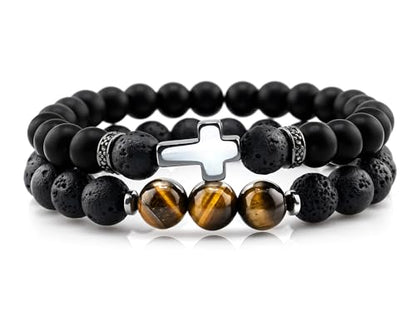 Flybar Men's 4 Piece Beaded Bracelet Set, Natural Lava Stone Black Onyx Matte Agate Tiger Eye, Stretchable Elastic Handmade Stackable - color: CK03 Black Agate