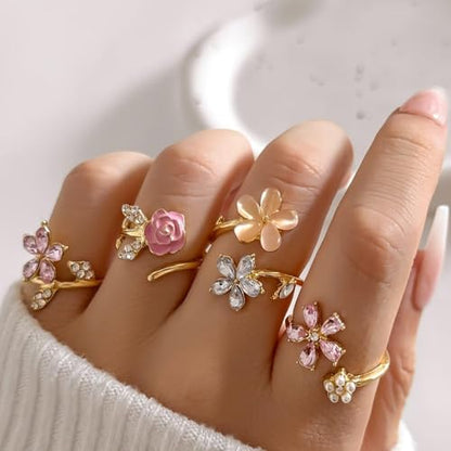 Gold Stackable Ring Set for Women, Dainty Fashion Rings Set with Pearl, Crystal, Heart, Bow and Wave Design, Trendy Midi Finger Rings Jewelry Gift - color: A2