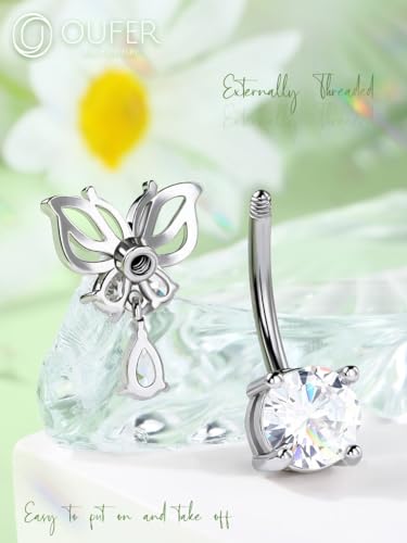 OUFER Belly Button Rings, Butterfly Belly Rings, 316L Surgical Steel Navel Rings, Clear CZ Belly Piercing Jewelry, Dangle Belly Rings For Women Men