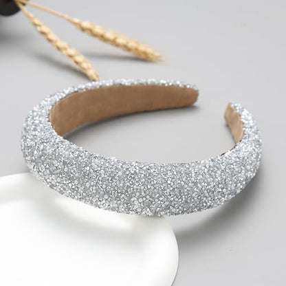 Glitter Crystal Headband for Women - Sparkly Bling Diamond Wide Hairband With Sparkle Beaded Crystals, Thick Padded, Non-Slip Hair Hoop for Party (White, L) - color: White