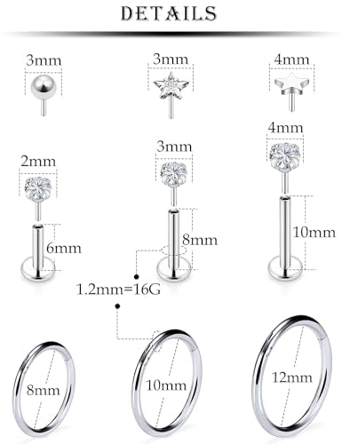16G Lip Labret Medusa Rings Studs Internally Threaded 316L Surgical Steel Snake Bite Lip Rings Flat Back Catilage Tragus Helix Daith Earrings Piercings Jewelry for Women Men 8mm - color: 16G-6mm 8mm 10mm Bars + Hinged Clicker Ring + Silcer