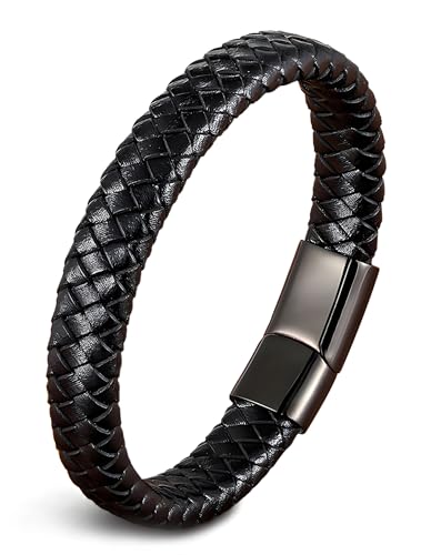Leather Bracelet for Men, Braided Mens Cuff Bracelets with Stainless Steel Clasp Stacked Multi Style Color Anniversary Father's Day Birthday Christmas Jewelry Gifts for Him - color: Black Clasp & Black Leather