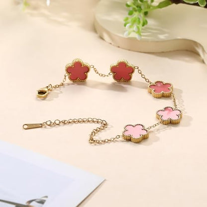 TICVSS Four Leaf Clover Bracelet for Women 18K Gold Plated Stainless Steel Lucky 4 Leaf Gold Link Bracelet Jewelry Gift for Women - color: Pink