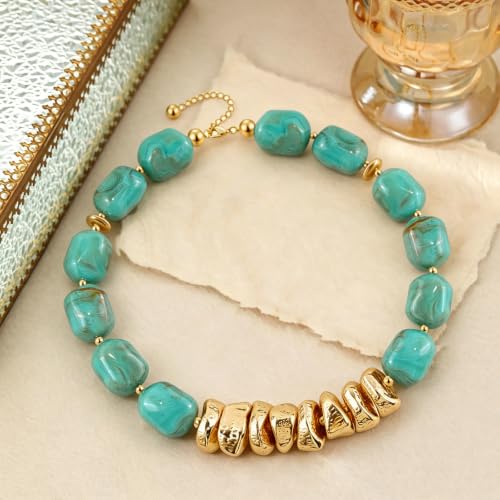 VIBILIA Boho Beaded Chunky Statement Necklace for Women Y2K Summer Jewelry | Boho Handmade Large Resin Bead Strand, Trendy Statement Summer Vacation Holiday Jewelry - color: Oval-Turquoise