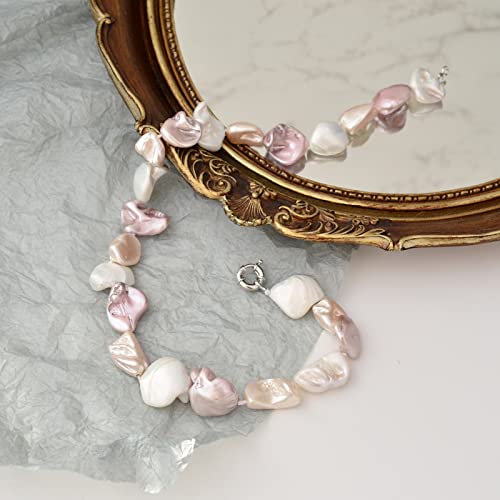 Pearl Choker Necklace for Women Boho Beaded Statement Necklace with Black White Large Freshwater Pearls Silver Fashion Jewelry Gift - color: White pink