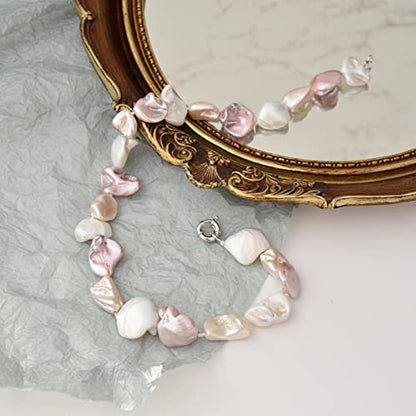 Pearl Choker Necklace for Women Boho Beaded Statement Necklace with Black White Large Freshwater Pearls Silver Fashion Jewelry Gift - color: White pink