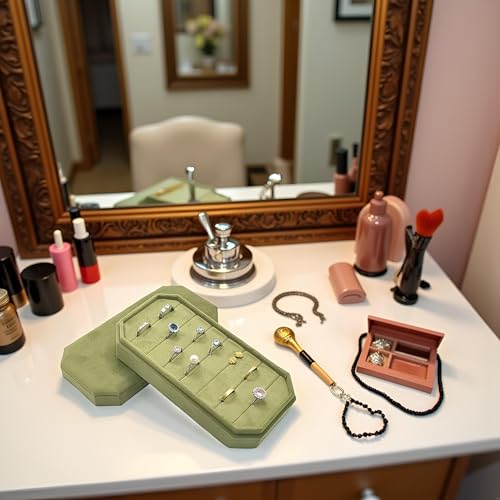 Velvet Ring Organizer Box - Ring Jewelry Box for Rings Earring, Jewelry Tray Rings holder Display Case for Girl Women (8.07"x4.13"x2.16") -PRB024-Green - color: Green