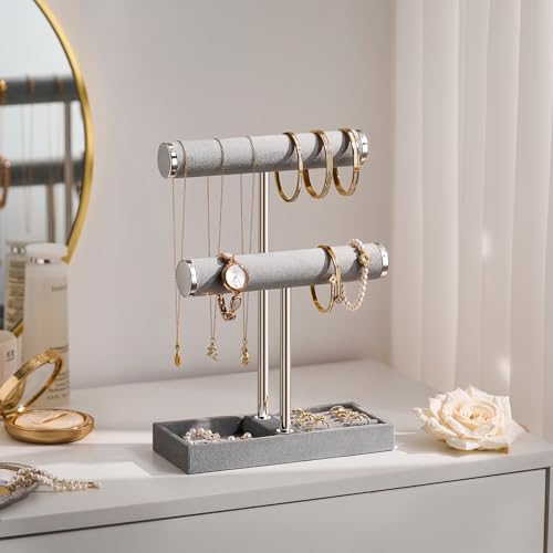 bussdis 2 Tier Bracelet Holder Display, Necklace Holder Organizer, Grey | Velvet Necklace Holder | Jewelry Tree | Jewelry Towers | Jewelry Stand Organizer for Necklaces, Bracelets, Earrings, Rings - color: Grey