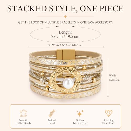 Edoneery Leather Wrap Bracelets for Women, Boho Layered Cuff Bangle | Multi-layer leather cuff, daily wear, stackable bangle, easy on-off, western jewelry gifts for women - color: Gold-4
