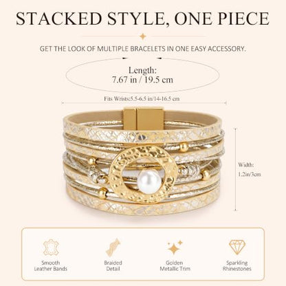 Edoneery Leather Wrap Bracelets for Women, Boho Layered Cuff Bangle | Multi-layer leather cuff, daily wear, stackable bangle, easy on-off, western jewelry gifts for women - color: Gold-4