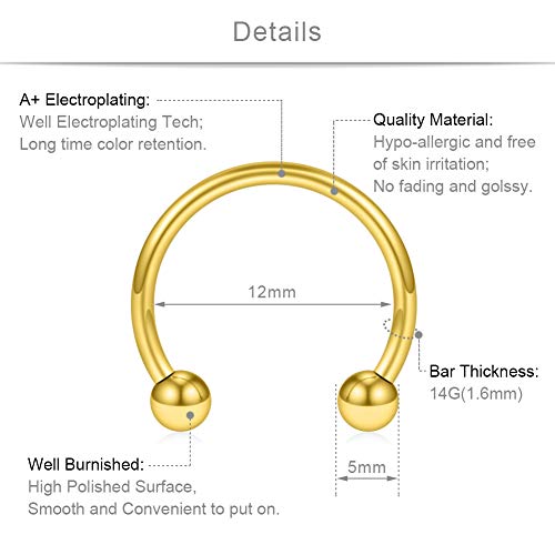 SCERRING 8PCS 16G Stainless Steel Nose Septum Horseshoe Earring Eyebrow Septum Lip Helix Tragus Piercing Ring 6-12mm - color: 8PCS - 14G Gold