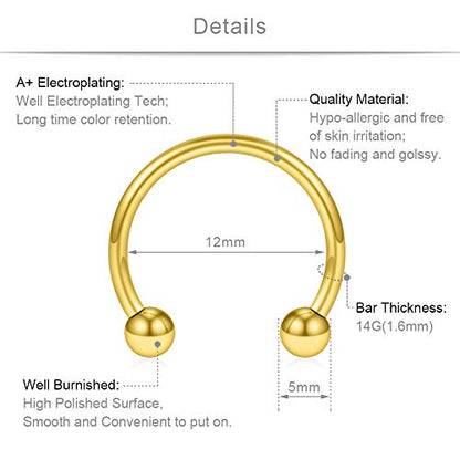 SCERRING 8PCS 16G Stainless Steel Nose Septum Horseshoe Earring Eyebrow Septum Lip Helix Tragus Piercing Ring 6-12mm - color: 8PCS - 14G Gold