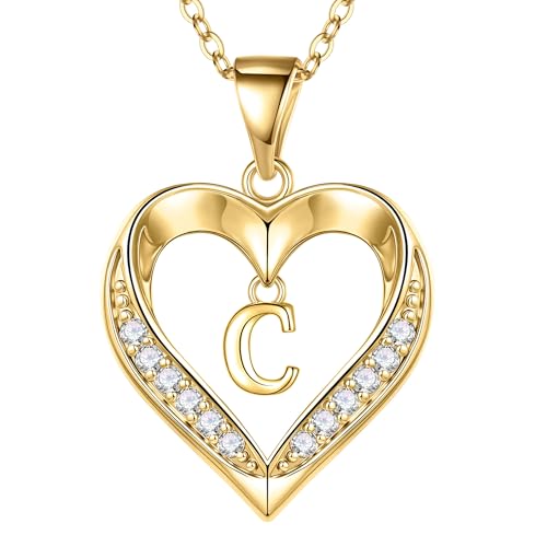 Turandoss Heart Initial Necklaces for Women - Dainty 14K Gold Plated CZ Heart Pendant Necklace with Tiny Letter A-Z, Non Tarnish Waterproof Trendy Jewelry Gifts for Mom Wife Girlfriend - color: Gold, style: C