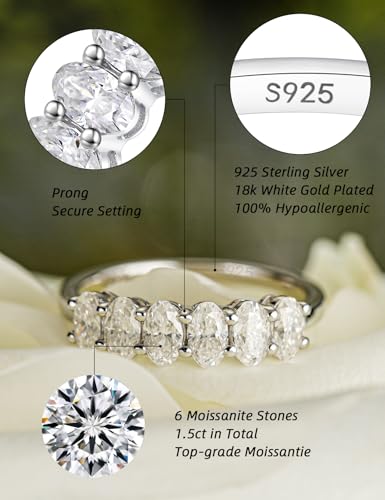 IMOLOVE Oval 6 Stone Moissanite Wedding Bands for Women Sterling Silver | 1.5 CT total, 6 D-color VVS1 oval moissanite; shared-prong wedding band in white gold plated 925 sterling silver.