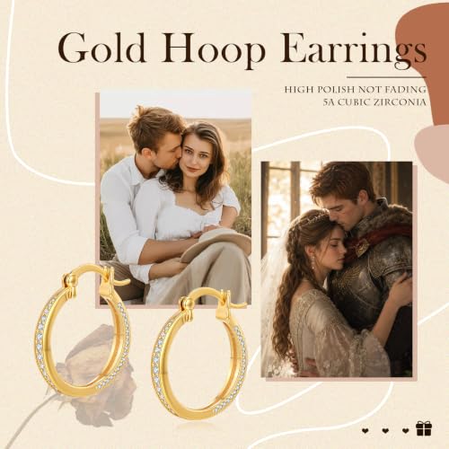 14K Gold Hoop Earrings for Women Thick Large Earrings Lightweight | Gold Plated Huggie Earrings for Women Hypoallergenic (with Gift Box) - color: CZ -25MM