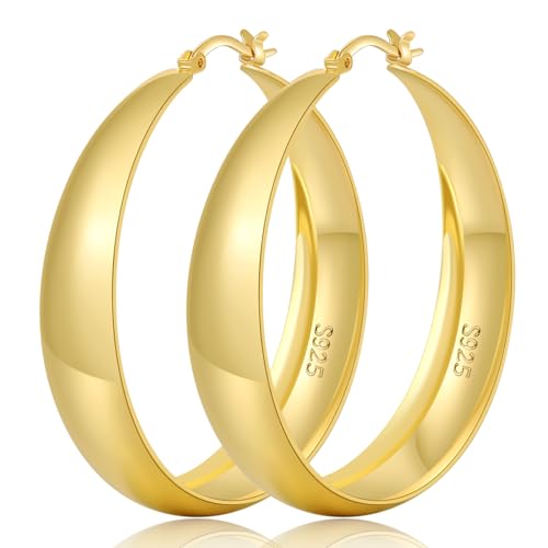 Senteria 12mm Wide Thick Sterling Silver Hoop Earrings Hypoallergenic | 14K Real Gold Plated Hoops Large Earring Lightweight Chunky Hoops Earring for Women Gift for Birthday Christmas 25/30/40/50MM - color: Gold-40mm