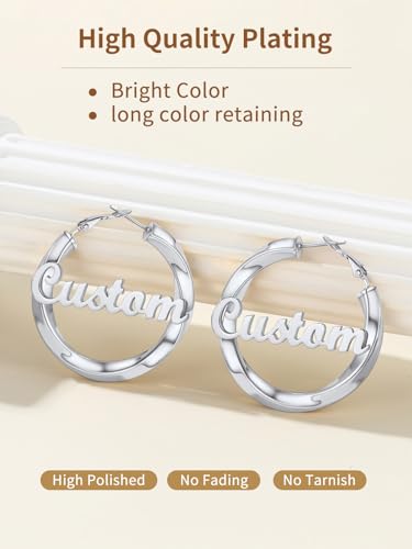 FindChic Twisted Hoop Earrings for Women, Silver/Black/14K Gold Plated Hypoallergenic Hollow Tube Rounded Loop Earrings, 30mm/40mm/60mm/80mm Hoops with Custom Name Options and Gift Box - color: e.Silver (Custom Name), size: 40MM