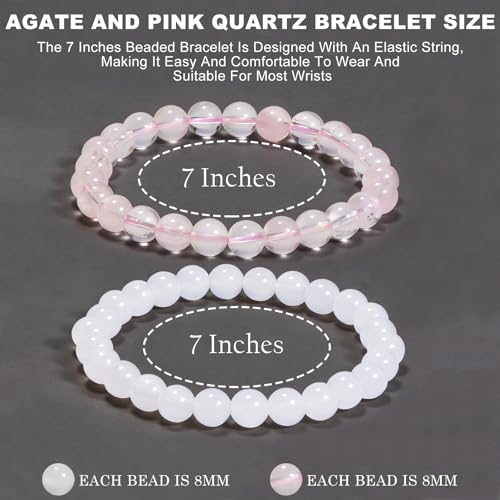 2PCS Agate Bracelet for Women Men Natural Round Beaded Agates Stone Healing Stretch Bracelets Elastic Handmade Polished Gemstone Beads Bracelet - color: White+Pink Quartz, size: 8mm Beads
