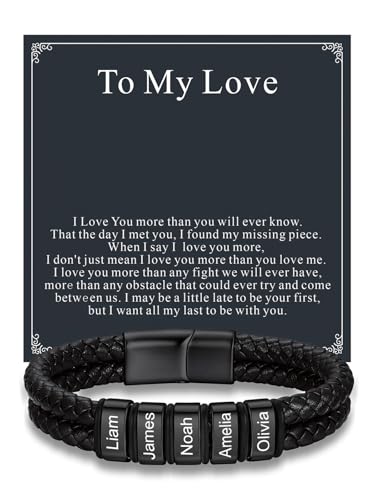Custom4U Personalized Braided Leather Bracelet for Men with Name Engraved | 1-5 Name Engraving, Stainless Steel Bead, 7.5/8.3/9 Inch Black Leather, Gift Design for Men with Custom Keepsake Cards - color: 02-Black Color-To My Love, size: 5 Names