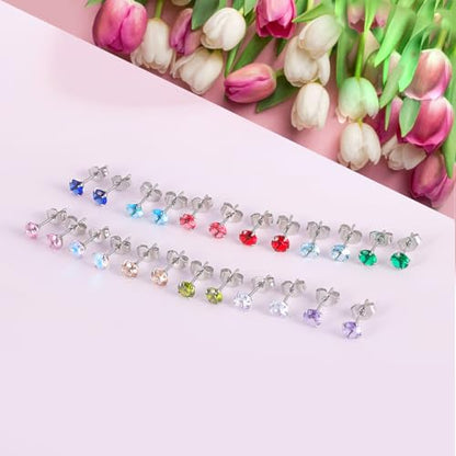 12 Pairs Surgical Stainless Steel Stud Earring Round Heart Star Square Cubic Zirconia Birthstone Stud Earrings Set for Women - color: Silver round 6mm-A