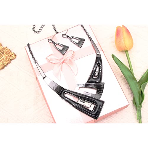 SFE Irregular Enamel Triangle Shape shell Collar Bib Bohemian Boho Statement Necklace Earrings Fashion Costume Jewelry Set for Women - color: Black-Gun Plated