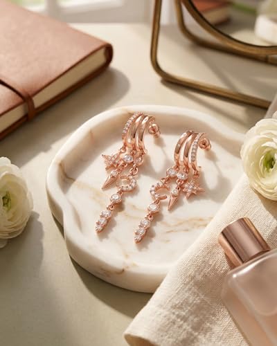 Gold Earrings for Women Trendy 14K Gold Plated Dangle Earrings Small Hoop Huggie Drop Stud Earrings Cubic Zirconia Simple Minimalist Dainty Chain Tassel Hypoallergenic Earrings - color: Celestial & Rose Gold
