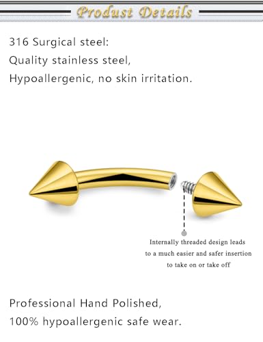 Internally Threaded Eyebrow Piercing Jewelry Surgical Steel Tiny Eyebrow Rings Vertical Labret Lip Jewelry Small Ear Rook Earring for Women Men 18g 16g 14g Plus Piercing Ball Grabber Tool - color: goldtone, size: 14g,spike end
