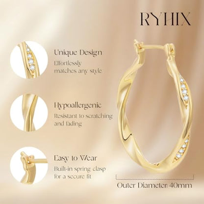 Hoop Earrings 14K Gold Plated Earrings for Women Thick Large Diamond Hoops Earring Twisted Wave Huggie Earring 30/40MM - size: 40MM