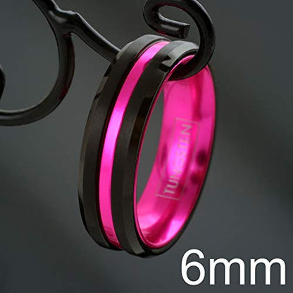 Fantabulous 6mm/8mm Brushed Satin Finish Black Tungsten Carbide Band Ring w/Hot Pink Stripe & Hot Pink Anodized Aluminum Inner Band feat. Comfort Fit.