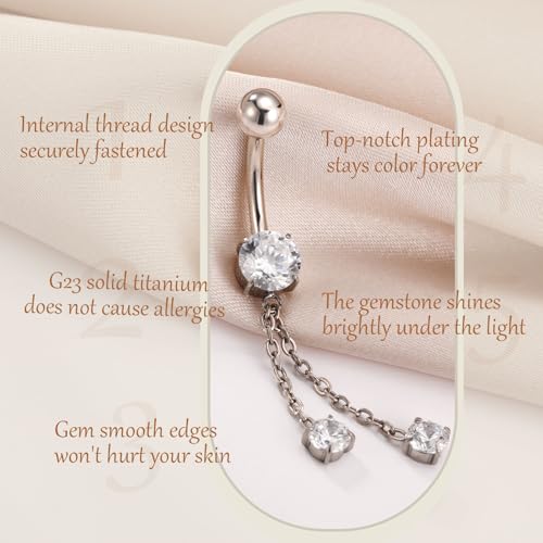 AROWRO Dangle Belly Button Rings Titanium Gold Sliver Belly Button Ring Hypoallergenic 14G Dangle Navel Piercing Jewelry 10mm Barbell for Women - color: Sliver