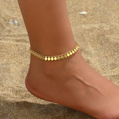 18K Gold Plated Ankle Bracelets for Women Dainty Star Coin Teardrop Square Tassel Anklets Cute Dangle Foot Chain Stainless Steel Beach Foot Jewelry - style: Coin Tassel-Gold