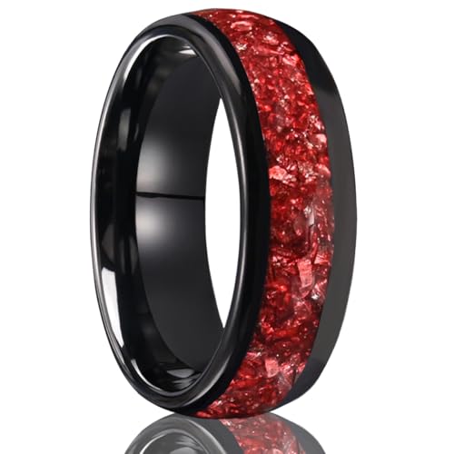 Tungsten Rings for Men and Women 8mm/4mm Men’s Wedding Bands | 8mm Black Inlaid Purple Galaxy Opal Fashion High Polished Suitable for engagement and anniversary parties comfortable fit - color: 8mm black and red