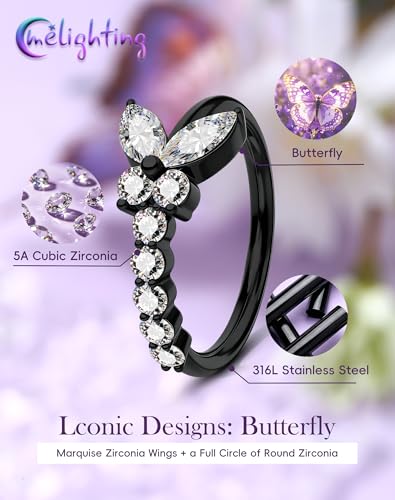 Melighting 20G Butterfly Nose Ring Hoop 8 mm Open Seamless Nose Piercing Jewelry Surgical Steel 316L, Twist Nostril Ring with Marquise and Round CZ, Silver Flower Body Piercing for Women - style: Butterfly Black
