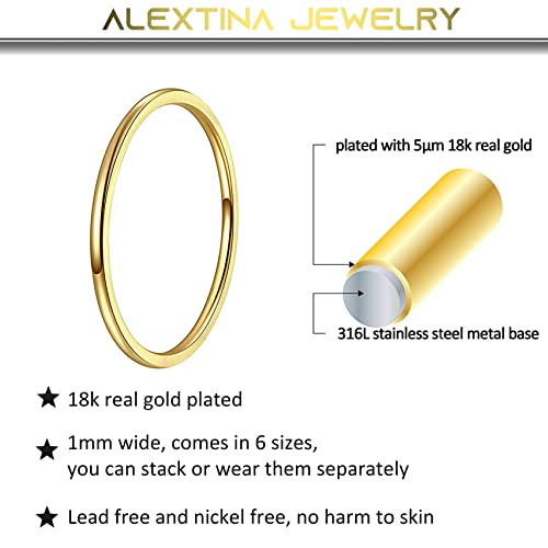 ALEXTINA 1mm Stainless Steel Stacking Rings for Women Thin 14K Gold Plated Band Rings Non Tarnish Stackable Knuckle Rings Thumb Pinky Midi Rings Comfort-Fit Size 4/5/6/7/8/9 - style: Flat