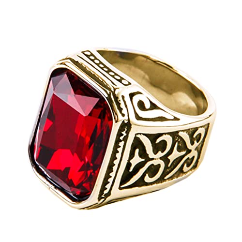 PAURO Promise Rings with Big Stone | Men's Stainless Steel, Vintage Wedding Promise Ring with Big Stone - color: Gold Black Red