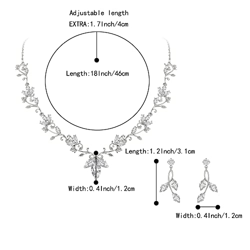 Wedding Jewelry Set for Women CZ Teardrop Flower Leaf Filigree Necklace Earrings Party Prom Accessories - color: Silver-tone