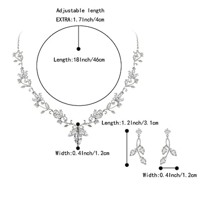 Wedding Jewelry Set for Women CZ Teardrop Flower Leaf Filigree Necklace Earrings Party Prom Accessories - color: Silver-tone