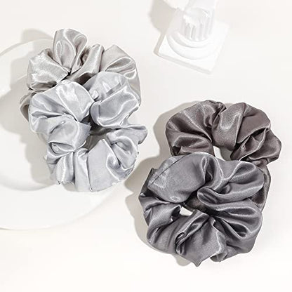 Satin Silk Scrunchies: Big Hair Ties for Women, Girls' Ponytail Holders for Thick, Curly Hair - Cute Pony Tails - color: Bown Gray