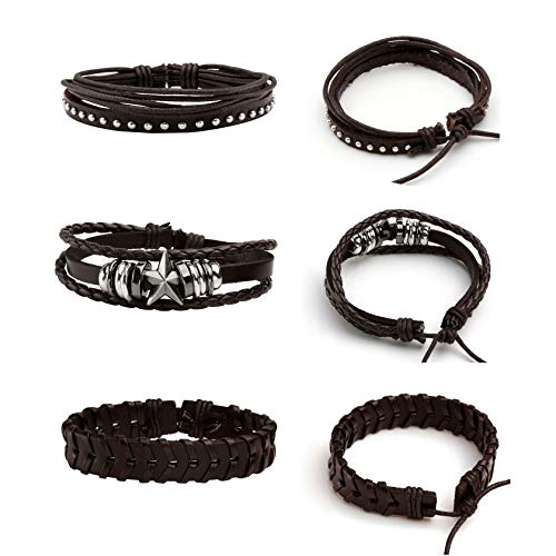 MILAKOO 6Pcs Punk Leather Bracelets for Women Men Braided PU Wristband Skull Skeleton Accessories - color: B: Black&Brown